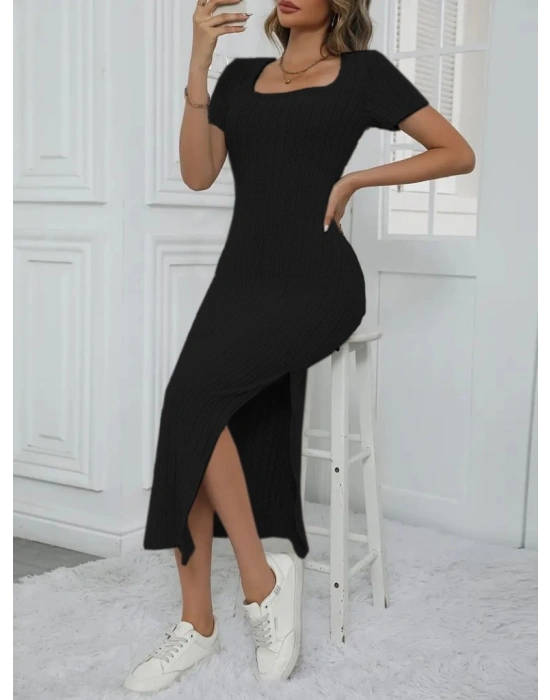 Kadın Kısa Kollu Kare Yaka Yandan Yırtmaçlı Fitilli Kaşkorse Elbise