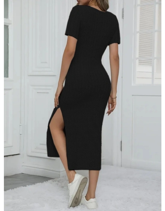 Kadın Kısa Kollu Kare Yaka Yandan Yırtmaçlı Fitilli Kaşkorse Elbise