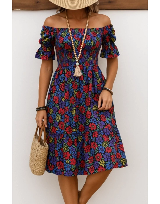Kadın Kısa Kollu Kare Yakalı Beli Lastikli çiçek Desenli Mini Süprem Elbise