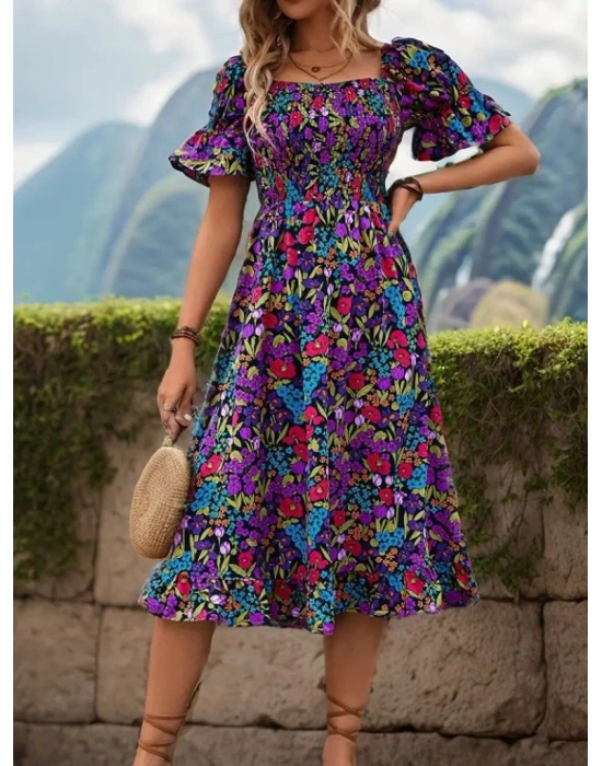 Kadın Kısa Kollu Kare Yakalı Beli Lastikli çiçek Desenli Mini Süprem Elbise
