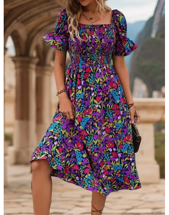 Kadın Kısa Kollu Kare Yakalı Beli Lastikli çiçek Desenli Mini Süprem Elbise
