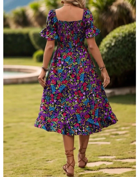 Kadın Kısa Kollu Kare Yakalı Beli Lastikli çiçek Desenli Mini Süprem Elbise