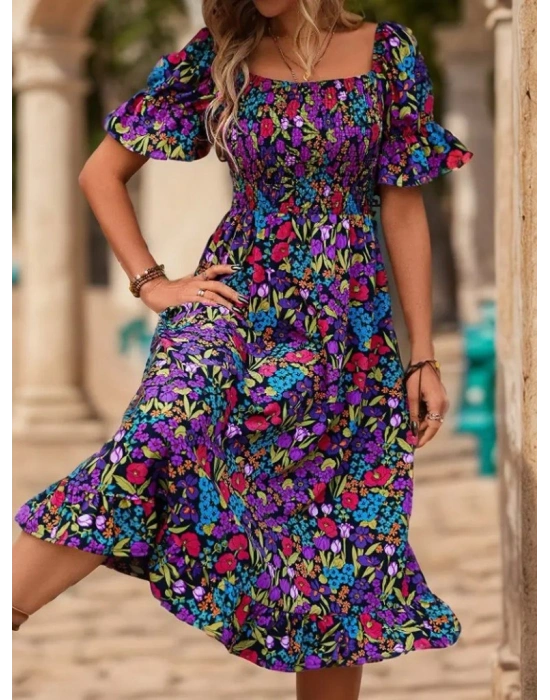 Kadın Kısa Kollu Kare Yakalı Beli Lastikli çiçek Desenli Mini Süprem Elbise