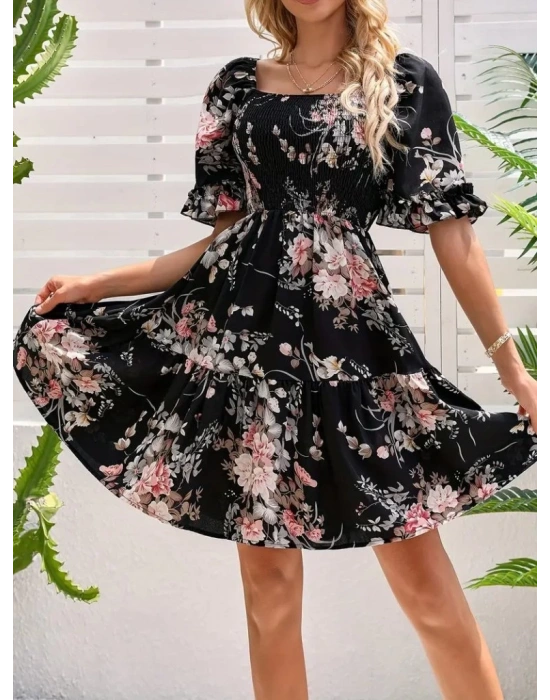 Kadın Kısa Kollu Kare Yakalı Beli Lastikli Kısa Süprem Elbise