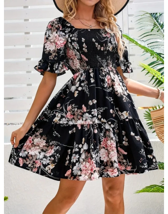 Kadın Kısa Kollu Kare Yakalı Beli Lastikli Kısa Süprem Elbise