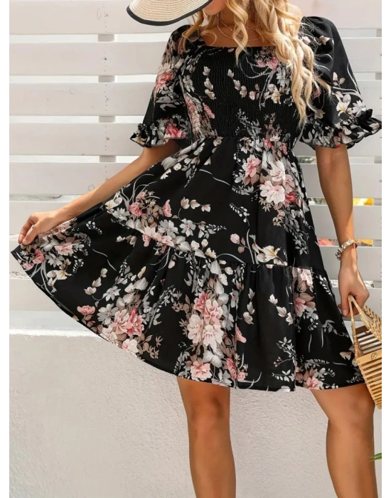 Kadın Kısa Kollu Kare Yakalı Beli Lastikli Kısa Süprem Elbise