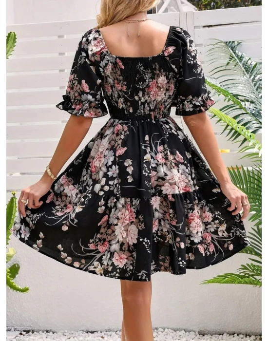 Kadın Kısa Kollu Kare Yakalı Beli Lastikli Kısa Süprem Elbise