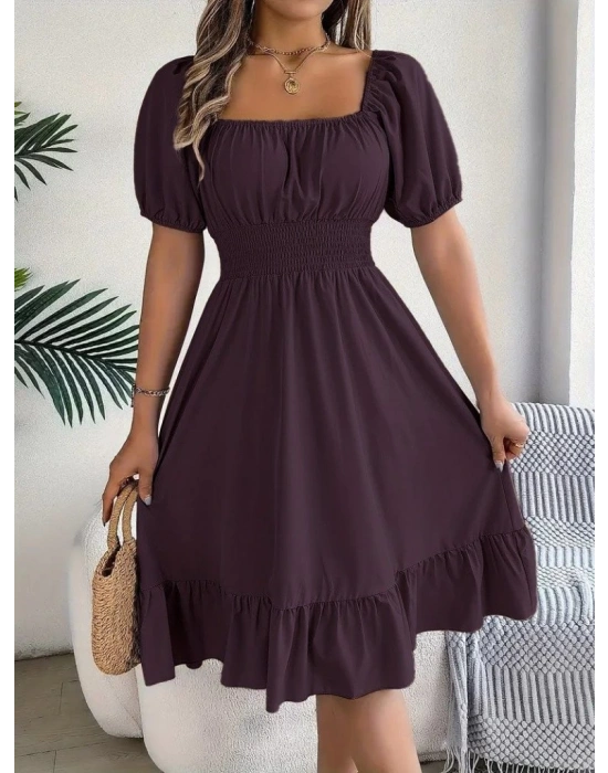 Kadın Kısa Kollu Kare Yakalı Beli Lastikli Kısa Trikoton Elbise