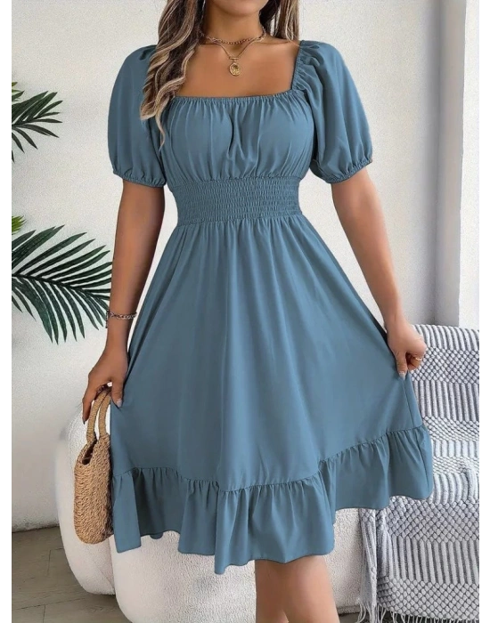 Kadın Kısa Kollu Kare Yakalı Beli Lastikli Kısa Trikoton Elbise