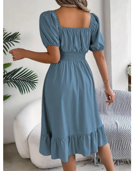 Kadın Kısa Kollu Kare Yakalı Beli Lastikli Kısa Trikoton Elbise