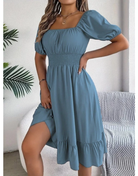 Kadın Kısa Kollu Kare Yakalı Beli Lastikli Kısa Trikoton Elbise