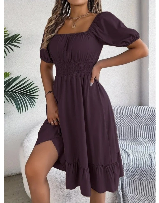 Kadın Kısa Kollu Kare Yakalı Beli Lastikli Kısa Trikoton Elbise