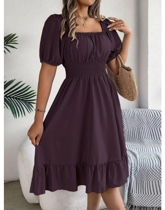 Kadın Kısa Kollu Kare Yakalı Beli Lastikli Kısa Trikoton Elbise