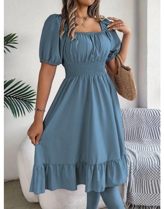 Kadın Kısa Kollu Kare Yakalı Beli Lastikli Kısa Trikoton Elbise