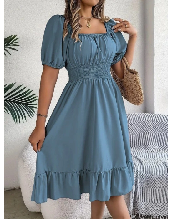 Kadın Kısa Kollu Kare Yakalı Beli Lastikli Kısa Trikoton Elbise