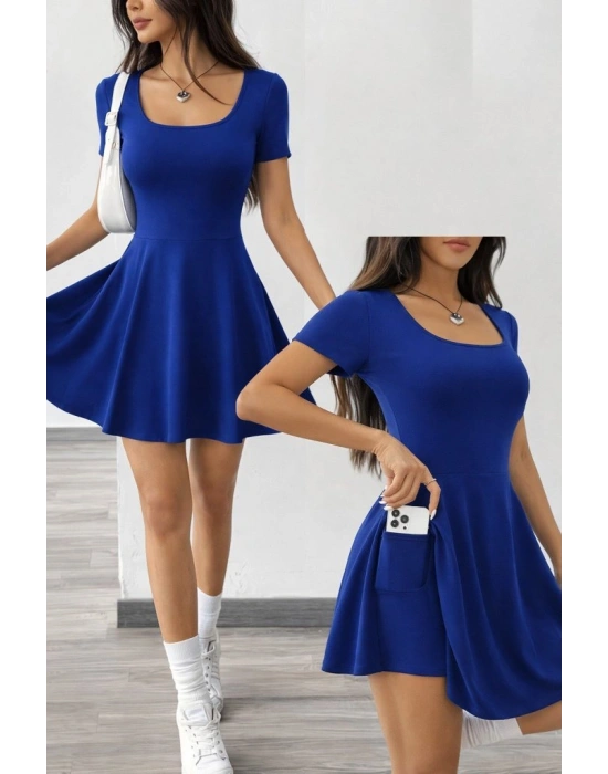 Kadın Kısa Kollu Kare Yakalı Cep Detaylı Dalgıç Elbise Tulum