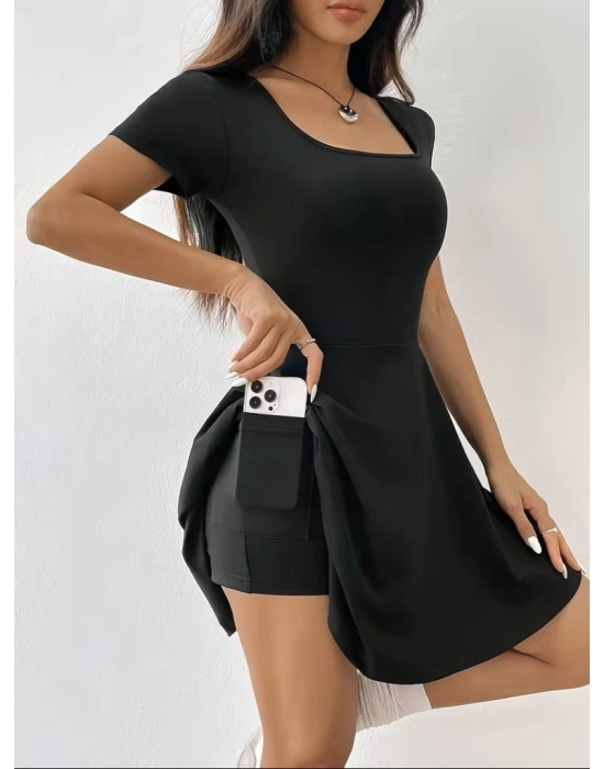 Kadın Kısa Kollu Kare Yakalı Cep Detaylı Dalgıç Elbise Tulum