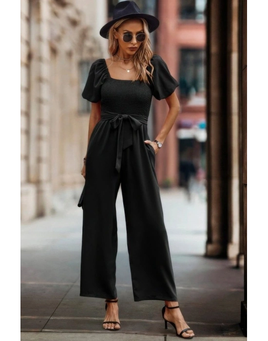 Kadın Kısa Kollu Kare Yakalı Göğsü Gipeli Belden Kuşaklı Uzun Janjan Tulum