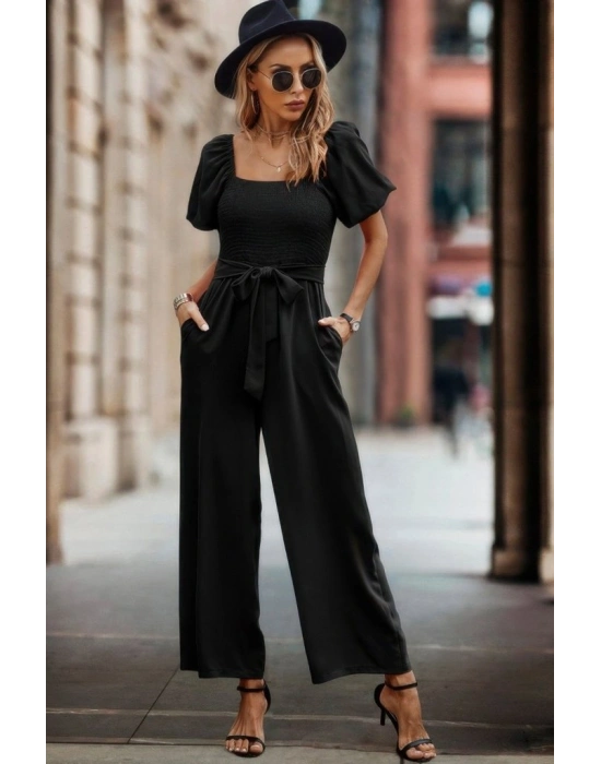 Kadın Kısa Kollu Kare Yakalı Göğsü Gipeli Belden Kuşaklı Uzun Janjan Tulum