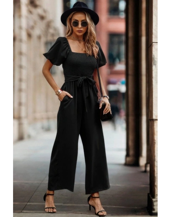 Kadın Kısa Kollu Kare Yakalı Göğsü Gipeli Belden Kuşaklı Uzun Janjan Tulum