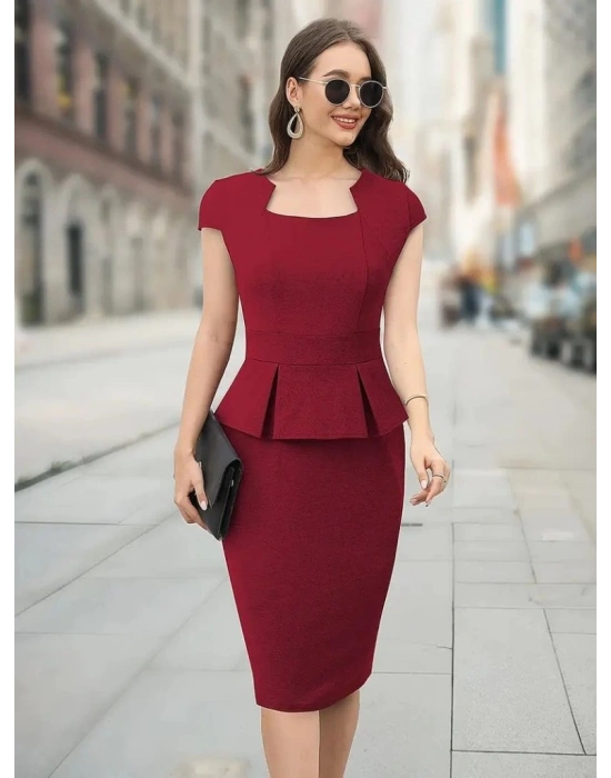 Kadın Kısa Kollu Kare Yakalı Ithal Krep Elbise