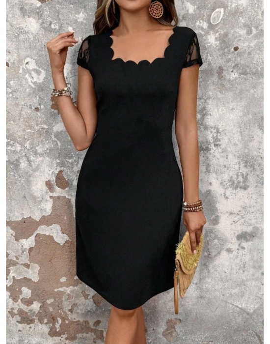 Kadın Kısa Kollu Kare Yakalı Ithal Krep Elbise