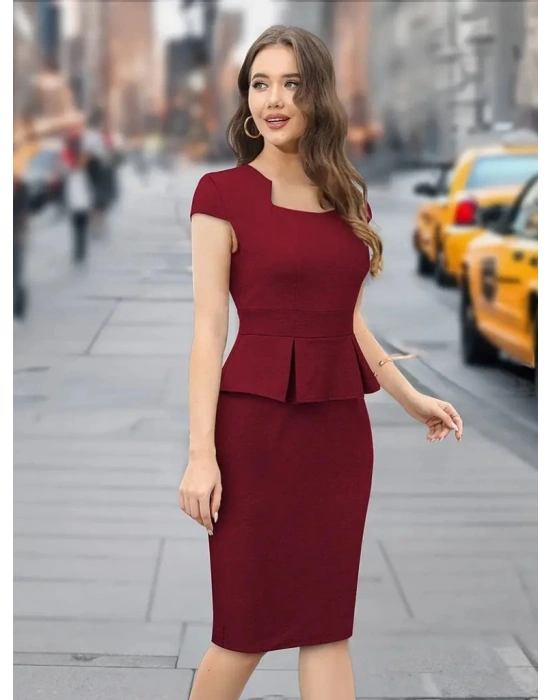 Kadın Kısa Kollu Kare Yakalı Ithal Krep Elbise