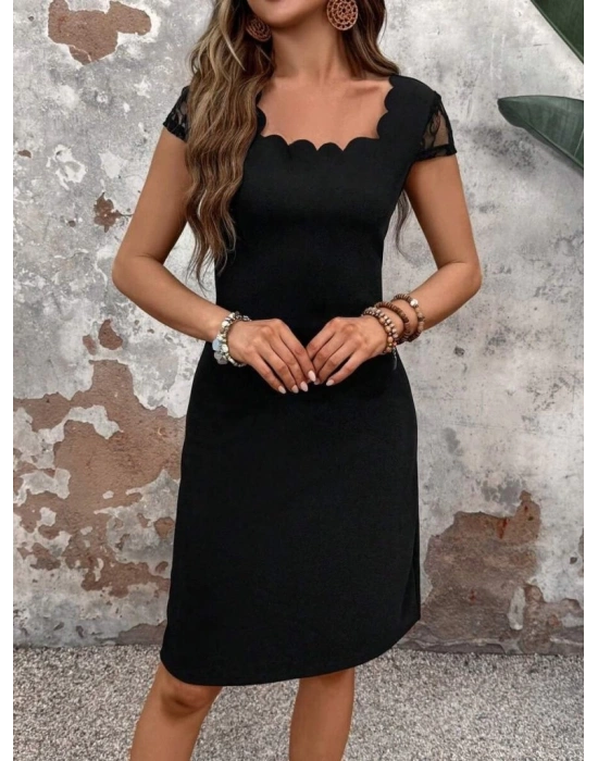 Kadın Kısa Kollu Kare Yakalı Ithal Krep Elbise