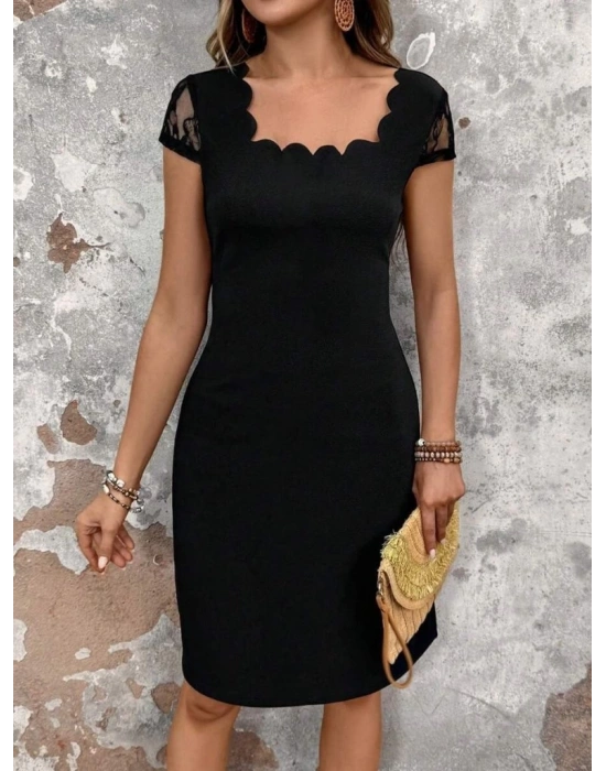 Kadın Kısa Kollu Kare Yakalı Ithal Krep Elbise