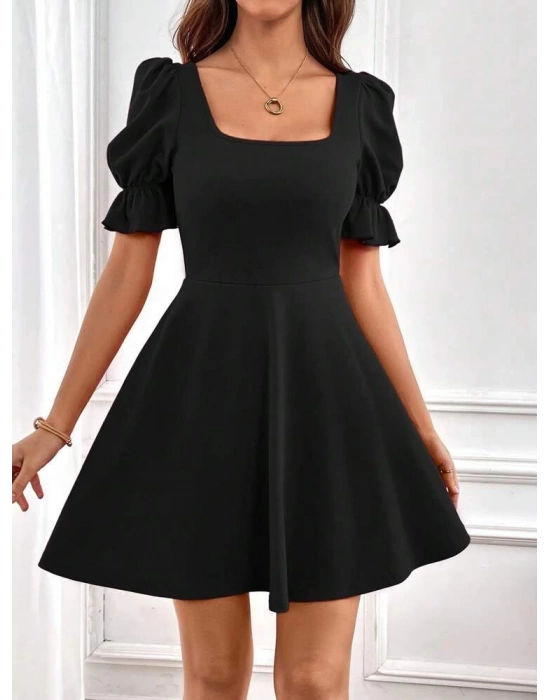 Kadın Kısa Kollu Kare Yakalı Kiloş Ithal Krep Elbise