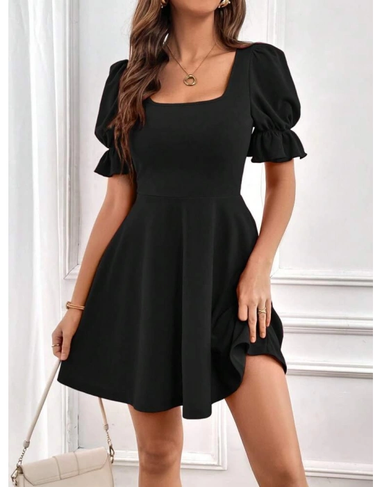 Kadın Kısa Kollu Kare Yakalı Kiloş Ithal Krep Elbise