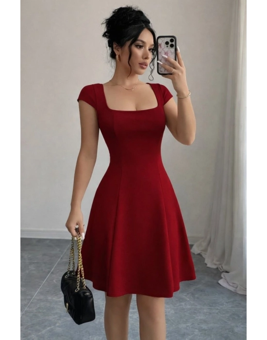 Kadın Kısa Kollu Kare Yakalı Kısa Ithal Krep Elbise