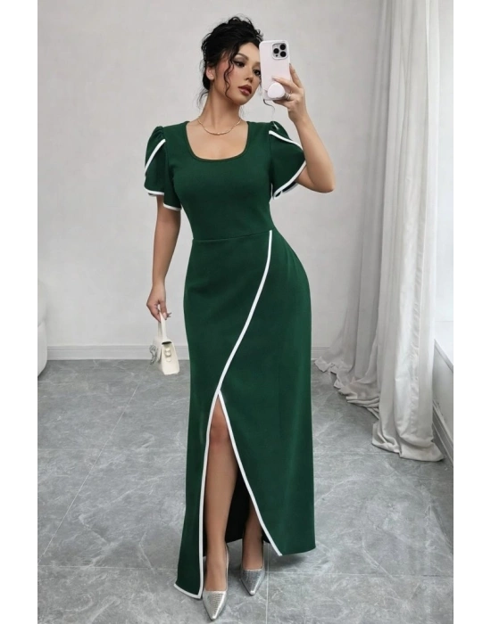 Kadın Kısa Kollu Kare Yakalı önden çapraz Kesim Detaylı Krep Elbise