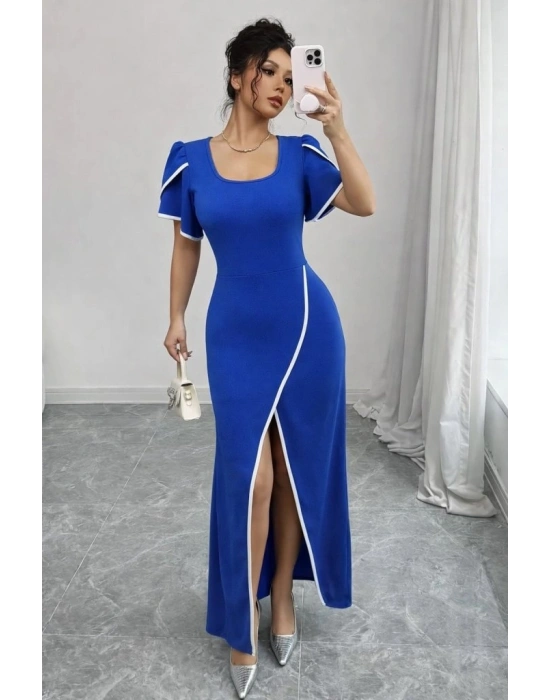 Kadın Kısa Kollu Kare Yakalı önden çapraz Kesim Detaylı Krep Elbise