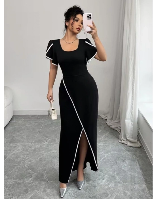 Kadın Kısa Kollu Kare Yakalı önden çapraz Kesim Detaylı Krep Elbise