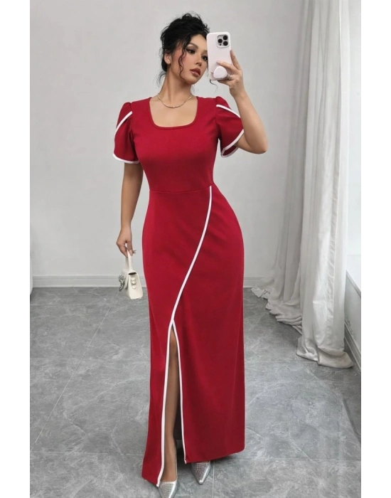 Kadın Kısa Kollu Kare Yakalı önden çapraz Kesim Detaylı Krep Elbise