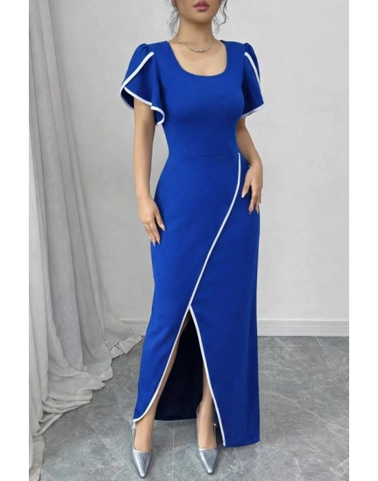 Kadın Kısa Kollu Kare Yakalı önden çapraz Kesim Detaylı Krep Elbise