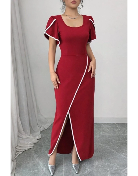 Kadın Kısa Kollu Kare Yakalı önden çapraz Kesim Detaylı Krep Elbise