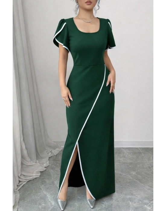 Kadın Kısa Kollu Kare Yakalı önden çapraz Kesim Detaylı Krep Elbise