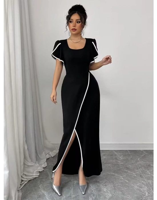 Kadın Kısa Kollu Kare Yakalı önden çapraz Kesim Detaylı Krep Elbise