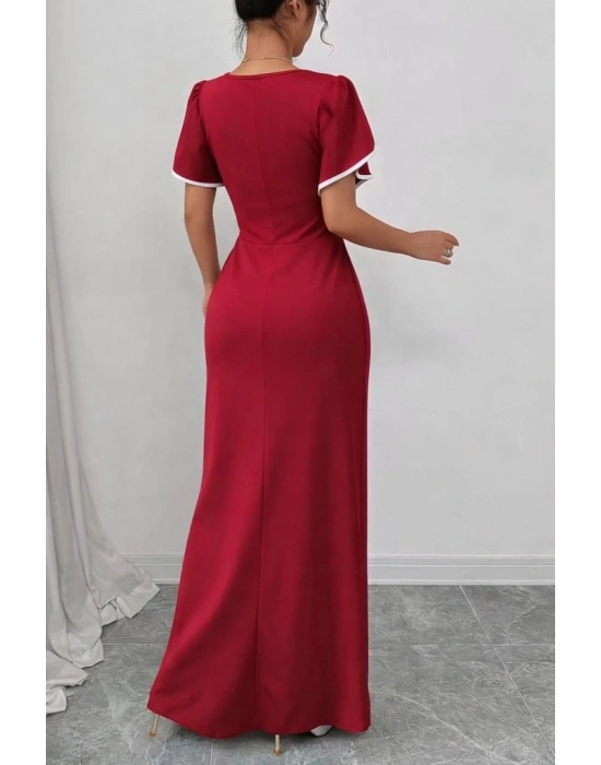 Kadın Kısa Kollu Kare Yakalı önden çapraz Kesim Detaylı Krep Elbise