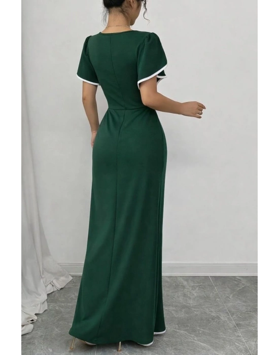 Kadın Kısa Kollu Kare Yakalı önden çapraz Kesim Detaylı Krep Elbise