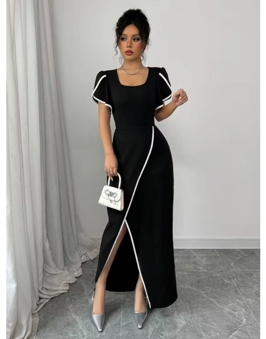 Kadın Kısa Kollu Kare Yakalı önden çapraz Kesim Detaylı Krep Elbise