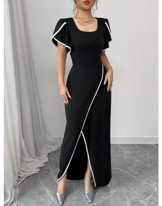 Kadın Kısa Kollu Kare Yakalı önden çapraz Kesim Detaylı Krep Elbise