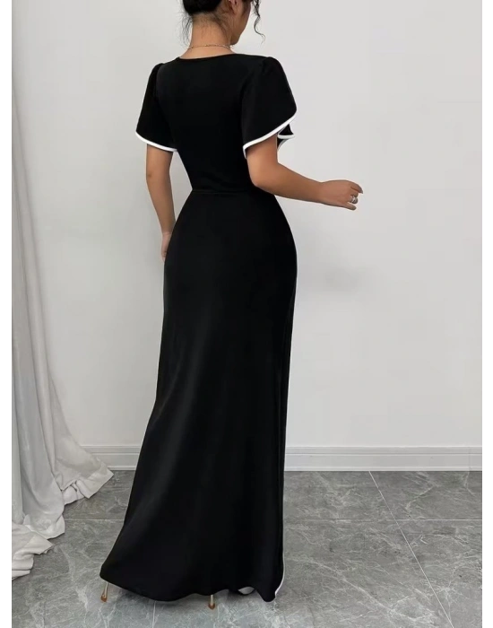 Kadın Kısa Kollu Kare Yakalı önden çapraz Kesim Detaylı Krep Elbise