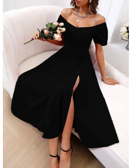 Kadın Kısa Kollu Kare Yakalı Yırtmaçlı Midi Janjan Krep Elbise