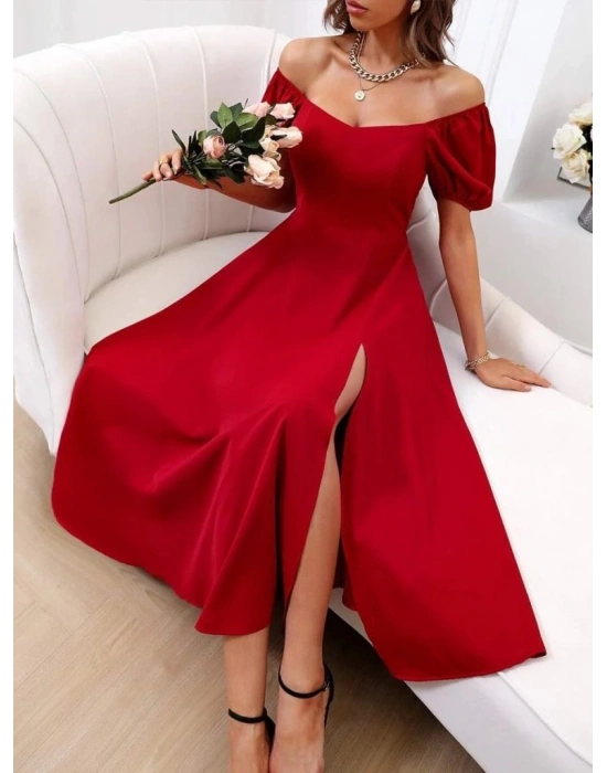 Kadın Kısa Kollu Kare Yakalı Yırtmaçlı Midi Janjan Krep Elbise