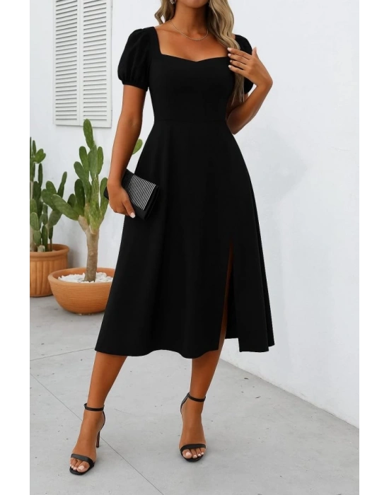 Kadın Kısa Kollu Kare Yakalı Yırtmaçlı Midi Janjan Krep Elbise