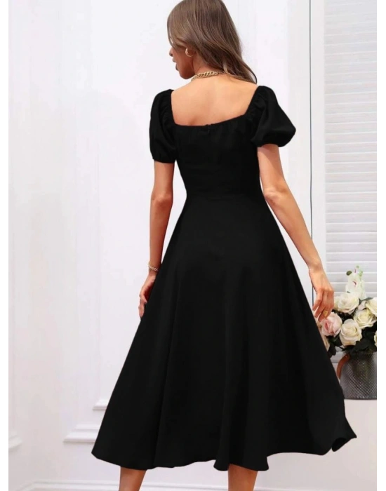 Kadın Kısa Kollu Kare Yakalı Yırtmaçlı Midi Janjan Krep Elbise