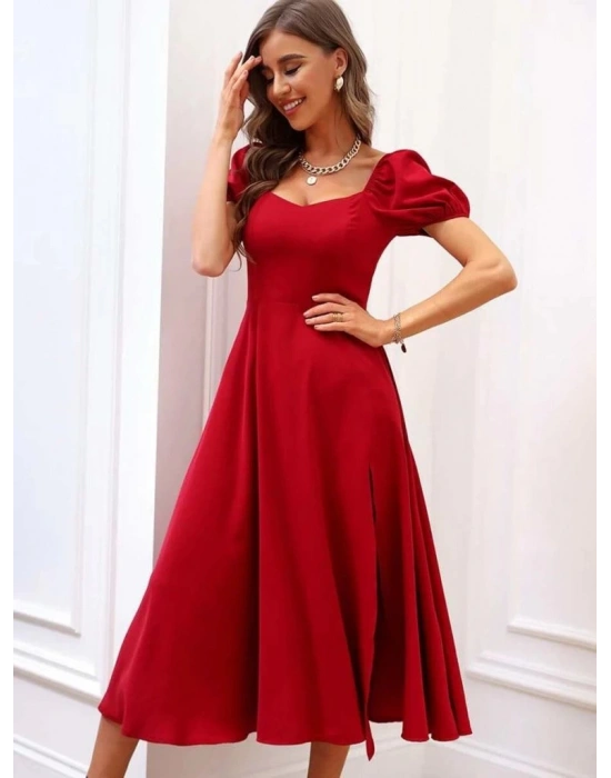 Kadın Kısa Kollu Kare Yakalı Yırtmaçlı Midi Janjan Krep Elbise